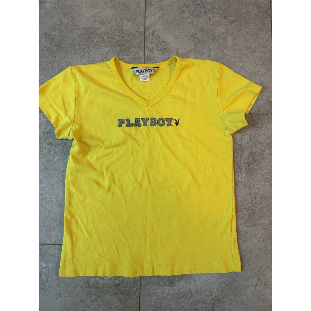 Vintage Playboy Yellow V-Neck Baby Tee Y2K Logo Graphic T-Shirt Size M/L